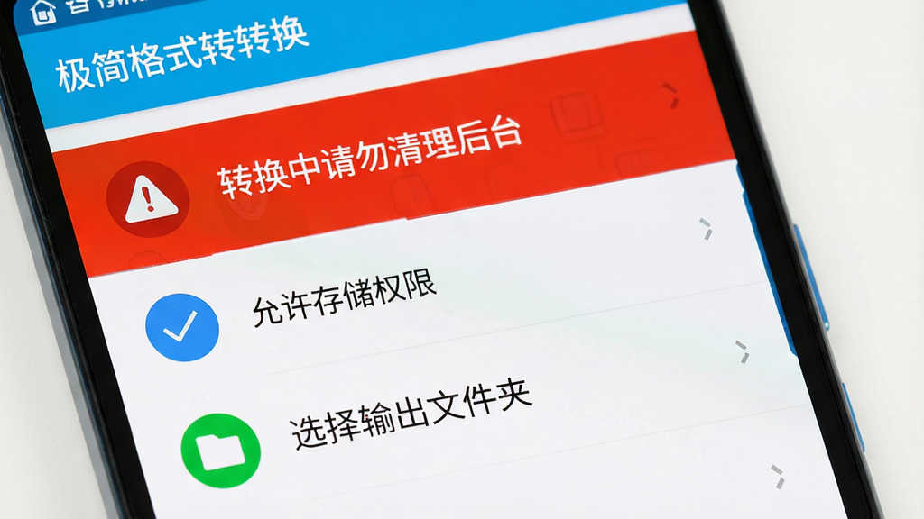 一部安卓手机屏幕特写,显示“极简格式转换”APP的设置界面,界面中有一个红色警告图标,旁边写着“转换中请勿清理后台”,下方有一个蓝色对勾图标,写着“允许存储权限”,再下方是一个绿色图标,写着“选择输出文件夹”。画面风格是扁平化UI设计,色彩鲜明,画质干净,无多余元素。
