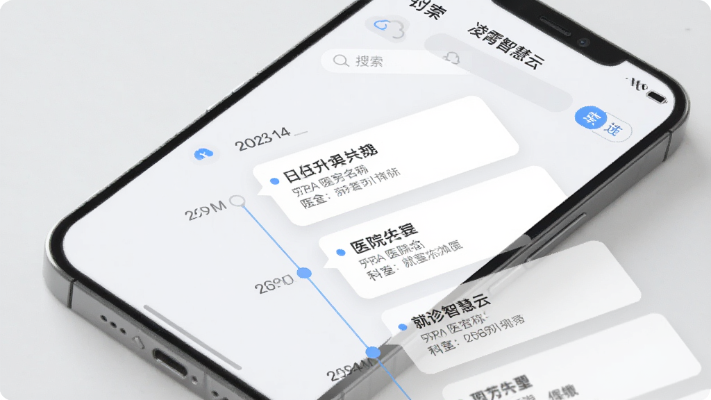 手机屏幕展示“凌霄智慧云”的个人健康档案页面,时间轴形式排列就诊记录,每条记录包含日期、医院名称、科室信息,顶部有搜索框和筛选按钮,界面采用卡片式设计,浅灰色背景,文字清晰,风格简洁现代