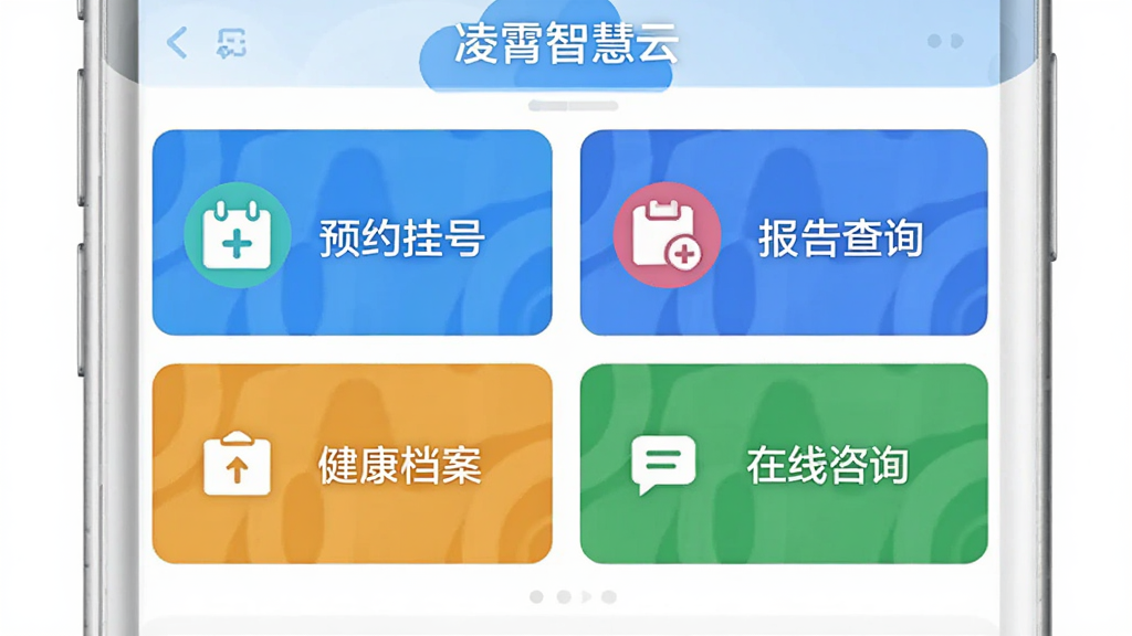 手机界面展示“凌霄智慧云”的多功能服务卡片,包括预约挂号、报告查询、健康档案、在线咨询四个模块,每个模块用不同颜色的图标区分,界面布局整齐,白色背景配蓝色主色调,扁平化风格,画质干净清晰