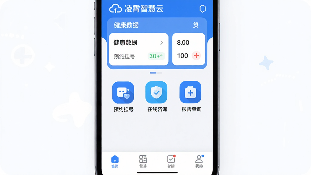 手机屏幕中央展示“凌霄智慧云”应用主界面,顶部显示健康数据看板,中间排列预约挂号、在线咨询、报告查询等功能图标,底部为导航栏,整体采用蓝白配色,界面简洁干净,扁平化设计风格,圆角图标,画质清晰,无多余元素
