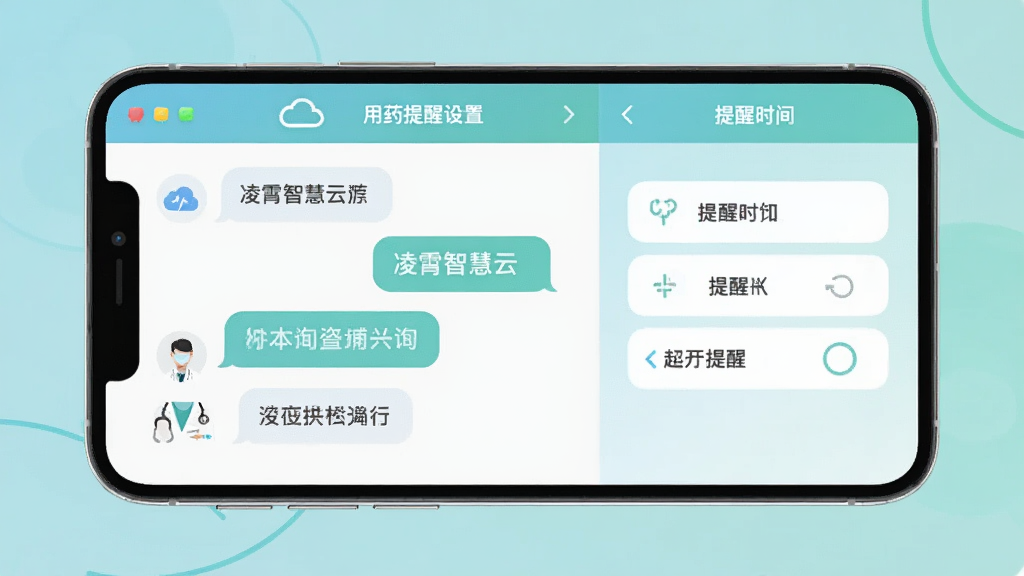 手机界面展示“凌霄智慧云”的在线咨询聊天窗口和用药提醒设置页面,左侧显示医生对话气泡,右侧显示提醒时间设置选项,整体配色柔和,蓝绿色调为主,图标圆润,布局清晰,画质干净无多余元素