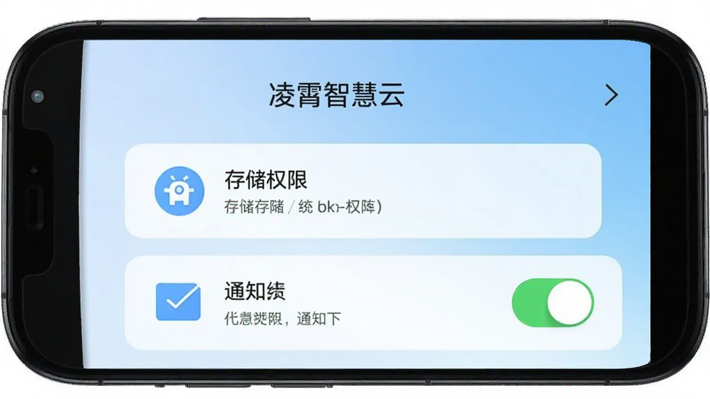 手机屏幕展示“凌霄智慧云”的权限设置引导页面,包含存储权限和通知权限的开关选项,界面有简洁的图标说明每个权限的用途,背景为浅蓝色渐变,文字清晰易读,风格干净清爽