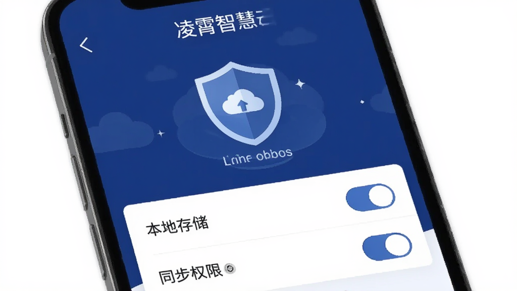 手机屏幕展示“凌霄智慧云”的隐私与安全设置页面,包含数据加密、本地存储、同步权限等选项开关,界面以深蓝色和白色为主,盾牌图标突出安全感,布局简洁,文字清晰,扁平化设计风格