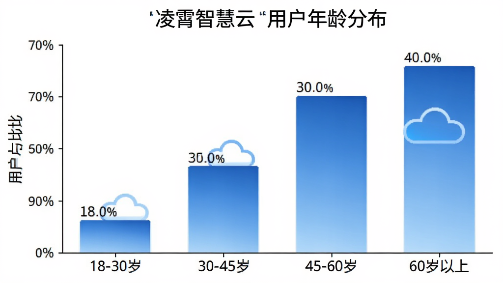 柱状图展示“凌霄智慧云”用户年龄分布,横轴为18-30岁、30-45岁、45-60岁、60岁以上四个年龄段,纵轴为用户占比百分比,柱体颜色为蓝色渐变,图表背景白色,标注清晰,风格简洁现代