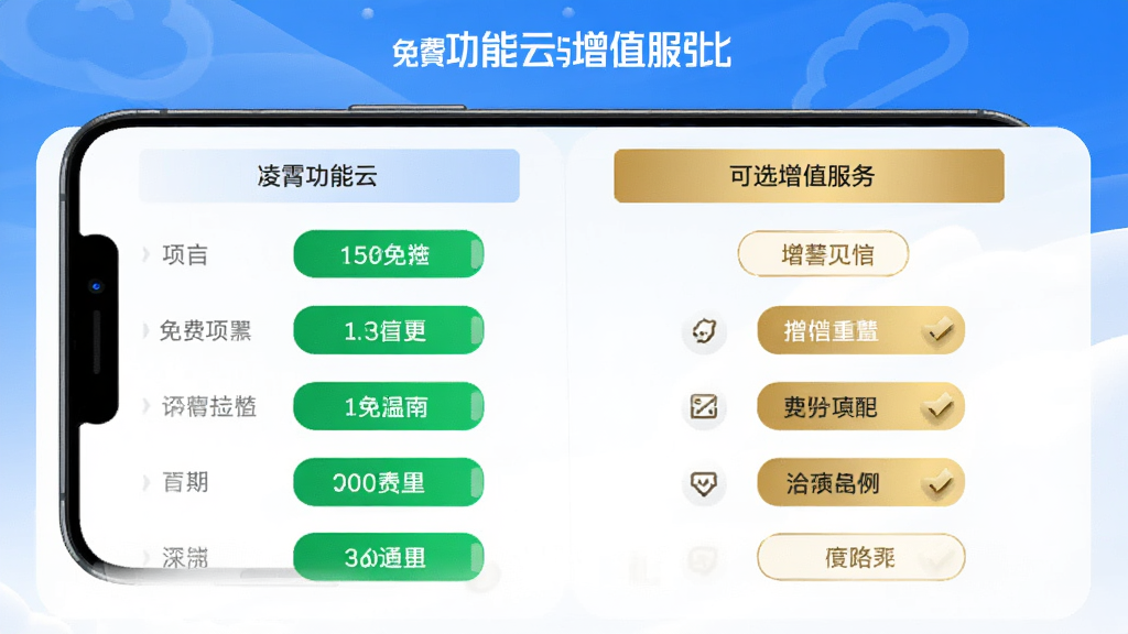 手机屏幕展示“凌霄智慧云”的免费功能与增值服务对比页面,左侧列出免费功能清单,右侧显示可选增值服务,界面用绿色标注免费项目,金色标注增值项目,布局对称清晰,风格简洁明快