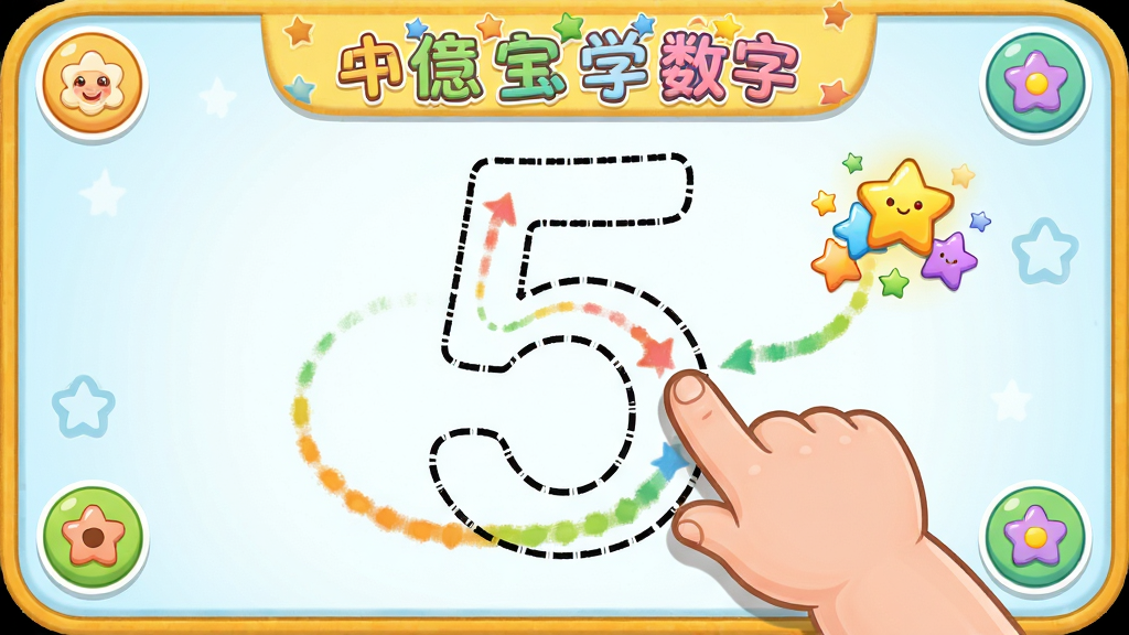 开心宝宝学数字 数字描红界面 虚线数字5轮廓 宝宝手指沿虚线描画 彩色轨迹 星星奖励动画 简洁界面 卡通风格 高清画质