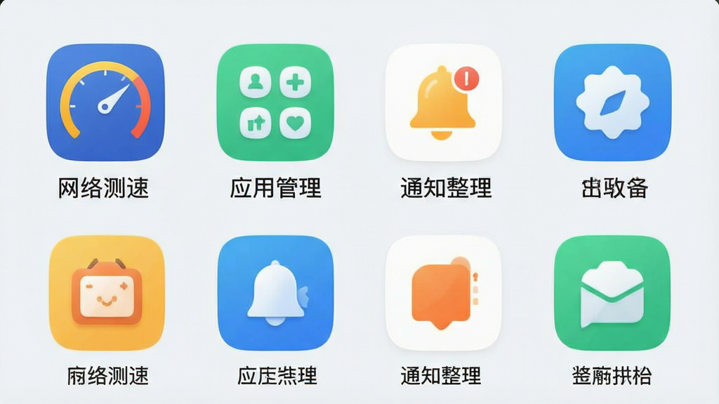 һ��չʾ�����ˡ�Ӧ����ʵ��С���߼���ҳ����ֻ���ͼ�����������������š�������١�����Ӧ�ù���������֪ͨ�������ȹ���ͼ�꣬����Ϊǳɫ�����ֲ��������Ű棬����Լ���£�ϸ��ͼ��Բ�󣬻��ʸɾ����޶���װ��Ԫ��