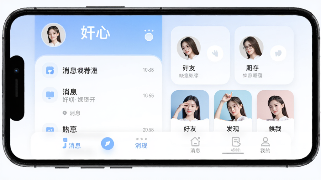 �ֻ���Ļ����չʾ����ġ�App�����棬���岼��Ϊ��������ͷ����ǳƣ��м�����Ϣ�б��ͺ����Ƽ���Ƭ���ײ�Ϊ��Ϣ�����֡��ҵ�����ѡ�����ɫ��Ϊ��͵����׽��䣬����ִ���ƽ��ϸ��Բ�󣬻��ʸɾ��������޶���Ԫ��