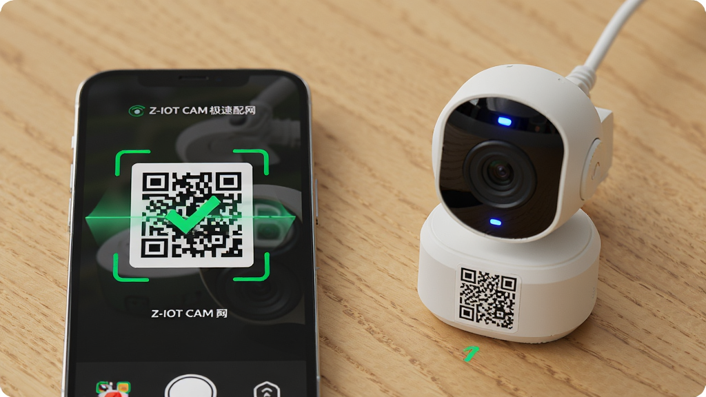 一张展示Z-IOT CAM极速配网功能的图片,主体是一部手机和一个小型智能摄像头,手机屏幕上显示着扫描二维码的界面,摄像头机身上有一个明显的二维码标签,布局是手机和摄像头并排放在一张木质桌面上,风格是简洁的产品展示风格,细节上手机屏幕有扫描成功的绿色对勾动画,摄像头指示灯呈蓝色常亮状态,画质清晰,干净,无多余元素