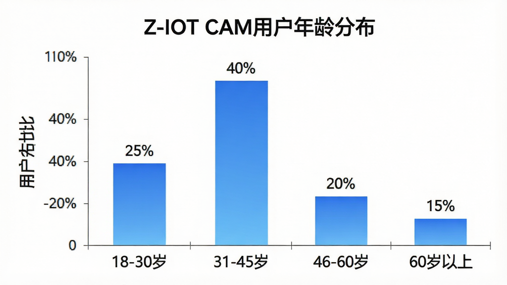 一张展示Z-IOT CAM用户年龄分布的柱状图,主体是一个柱状图,横轴是年龄段“18-30岁”、“31-45岁”、“46-60岁”、“60岁以上”,纵轴是用户占比,柱状图颜色是蓝色渐变,图表标题是“Z-IOT CAM用户年龄分布”,布局是图表居中,背景是白色,风格是简洁的数据可视化风格,细节上每个柱子顶部有具体的百分比数字,比如“25%”、“40%”、“20%”、“15%”,画质清晰,干净,无多余元素