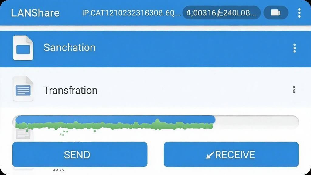 一张展示LANShare在安卓手机上的操作界面截图,画面中显示文件列表和传输进度条,顶部有IP地址和端口号,底部有发送和接收按钮,界面风格简洁清晰,蓝白配色,细节圆润,画质干净无多余元素,图片中带有“LANShare”文字