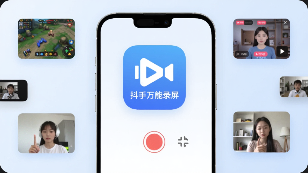 手机屏幕中央显示“抖手万能录屏”应用图标,图标下方是简洁的录制按钮和设置菜单,背景是淡蓝色渐变,周围环绕着游戏画面、直播界面、网课视频等小图标,风格现代扁平,画质干净清晰,无多余元素