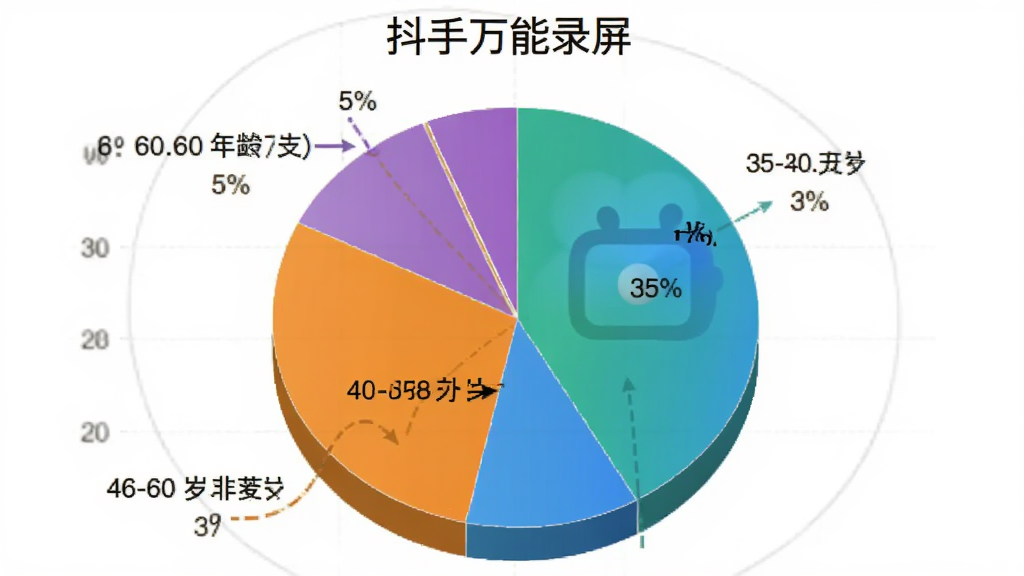 饼状图显示“抖手万能录屏”用户年龄分布,18-30岁占比35%,31-45岁占比40%,46-60岁占比20%,60岁以上占比5%,图表颜色采用蓝、绿、橙、紫四色区分,风格简洁清晰,画质干净无多余元素