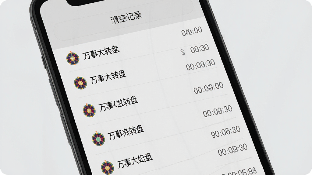 一张展示万事大转盘历史记录界面的图片,画面中是一个手机屏幕,屏幕上是一个列表,每一行显示转盘结果和时间戳,列表顶部有「清空记录」按钮,界面风格简洁明了,文字排版整齐,背景为浅灰色,画质干净无多余元素