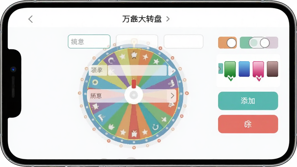 一张展示万事大转盘编辑选项界面的图片,画面中是一个手机屏幕,屏幕中央是转盘编辑页面,上面有若干输入框和颜色选择器,右侧有添加和删除按钮,界面风格扁平化,配色清新,文字清晰可见,画质干净无多余元素