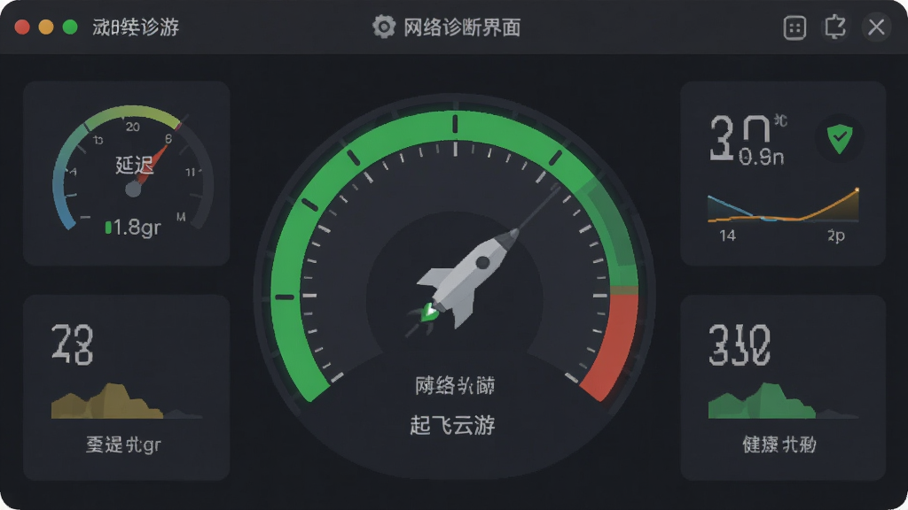 起飞云游 网络诊断界面 仪表盘样式 显示延迟丢包率 绿色健康状态 深色背景 扁平化设计 清晰易读