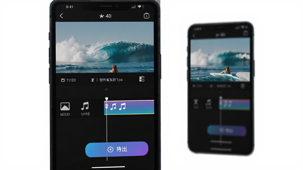 造浪 App 创作者友好工具 手机屏幕显示视频剪辑界面 时间轴 滤镜图标 音乐图标 文字工具 导出按钮 界面简洁直观 深色主题 蓝紫渐变按钮 扁平化设计 高清画质 干净无多余元素