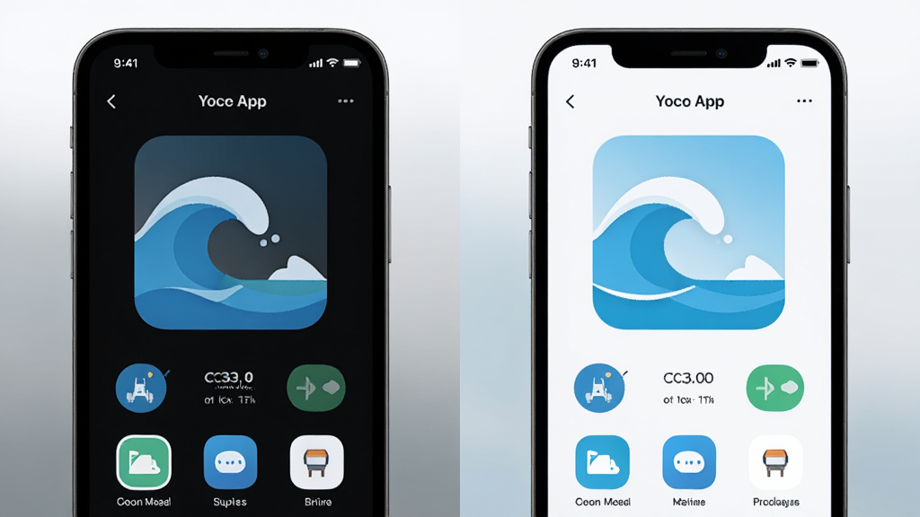 造浪 App 个性化主题 两部手机并排展示 左边深色模式右边浅色模式 界面布局一致 背景为渐变灰白色 突出主题切换效果 扁平化设计 现代简约风格 高清画质 干净无多余元素