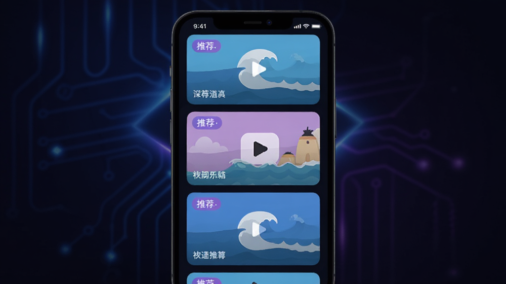 造浪 App 智能推荐算法 手机屏幕中视频卡片以瀑布流形式排列 每个卡片带有推荐标签 背景为深色模式 科技感光效 蓝紫色调 扁平化UI设计 高清画质 干净无多余元素