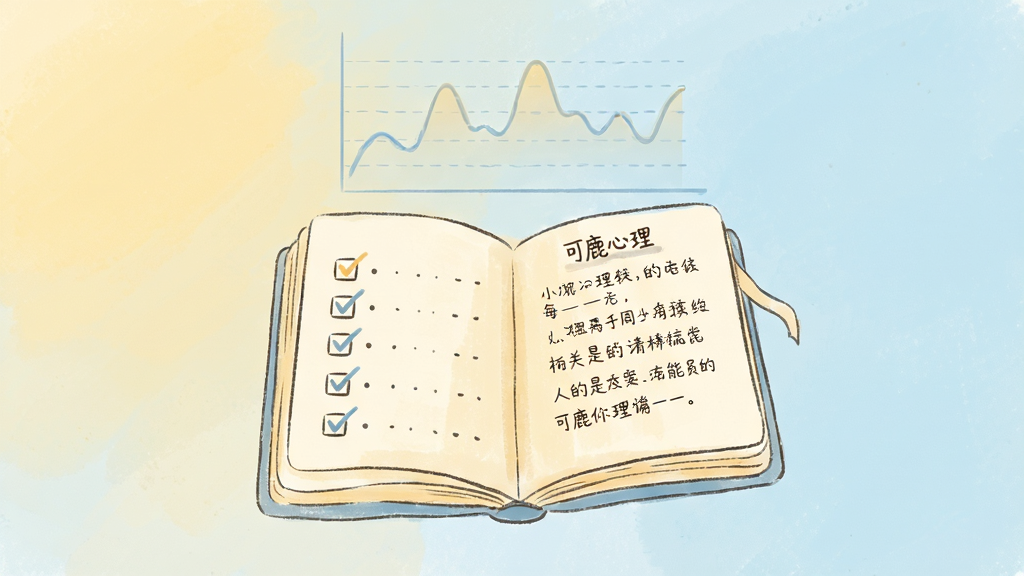 一本摊开的虚拟日记本悬浮在画面中央,日记本页面左边是简单的情绪勾选图标,右边是几行手写体文字,日记本上方飘着一个半透明的折线图,显示一周的情绪起伏,整体色调是柔和的暖黄和浅蓝,风格清新手绘感,画面干净无杂乱元素,画质清晰,文字部分仅显示“可鹿心理”字样