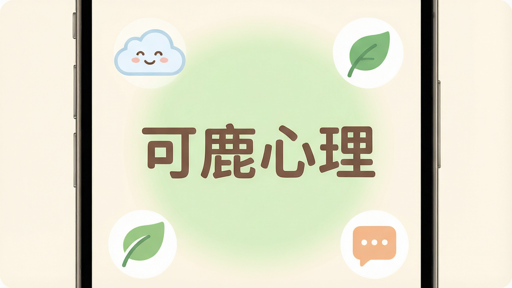 一张手机屏幕展示界面,中心位置用大号柔和字体写着“可鹿心理”,周围环绕着几个简约的功能图标,比如一个带着微笑的云朵代表情绪记录,一片叶子代表放松练习,一个对话框代表倾诉,背景是温暖的米白色,点缀着淡绿色的光晕,整体风格治愈、扁平化,细节圆润,画质干净清晰,没有多余的文字和元素