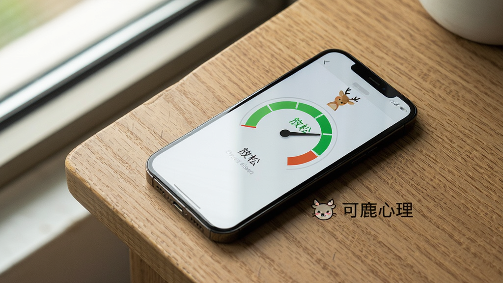 一部手机平放在木质桌面上,屏幕显示一个圆形的仪表盘,指针指向绿色的“放松”区域,仪表盘旁边有一个小鹿形状的图标,下方印着“可鹿心理”,整体画面采用俯视角度,光线从左侧窗户照进来,风格生活化、安静,画质清晰,无杂乱背景