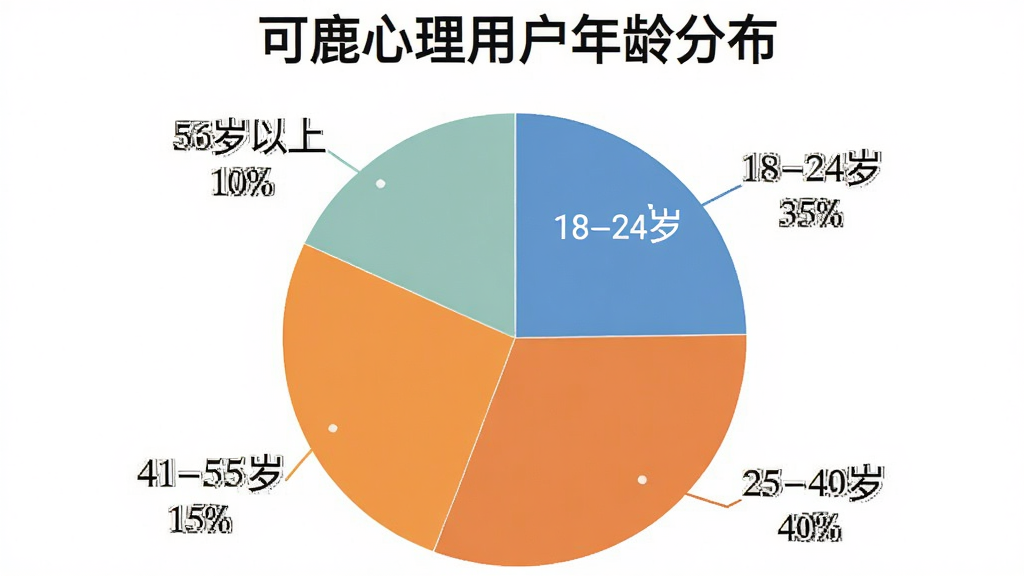 一个饼状图,标题为“可鹿心理用户年龄分布”,饼图分为四个色块,分别标注“18-24岁 35%”、“25-40岁 40%”、“41-55岁 15%”、“56岁以上 10%”,背景为纯白色,图表风格简洁扁平,数据标签清晰,画面干净无多余装饰