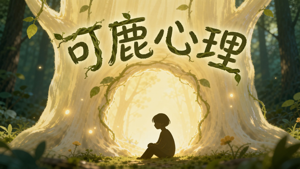 一个由柔和光线构成的树洞形状,树洞内部透出暖黄色的光,洞口上方用藤蔓缠绕出“可鹿心理”四个字,洞口边缘坐着一个小小的、看不清面目的剪影,整体风格梦幻、安全、治愈,背景是深绿色的森林虚化效果,画质干净,无多余元素