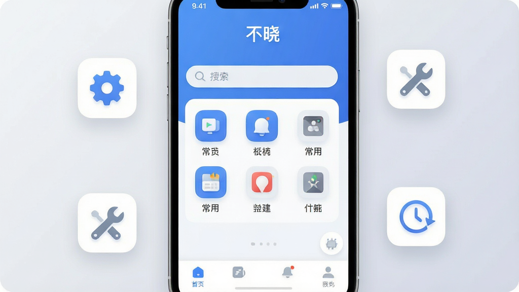 软件核心全貌展示图,画面中央是手机屏幕,屏幕上显示“不晓”桌面助手主界面,界面简洁清爽,以蓝色和白色为主色调,顶部有搜索栏,中间排列着几个常用功能图标,底部有导航栏,手机周围散落着几个小工具图标如齿轮、扳手、时钟,背景是柔和的浅灰色渐变,风格现代扁平化,细节圆润,画质干净无多余元素,高清1080P