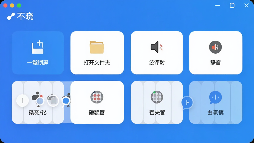 一张AI生成的图片,画面展示“不晓”软件的快捷操作设置界面,屏幕上排列着多个可自定义的按钮图标,如“一键锁屏”“打开文件夹”“静音”等,用户可以拖拽排序,界面风格现代简洁,以蓝色和白色为主,画质干净无多余元素