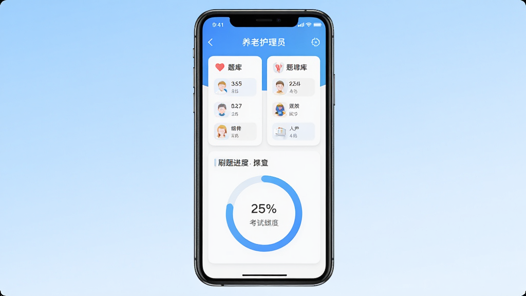 养老护理员考试聚题库App主界面截图,手机屏幕居中展示,背景为浅蓝色渐变,屏幕内显示题库分类卡片和刷题进度环,界面干净简洁,风格现代扁平,文字清晰无多余元素,画质高清