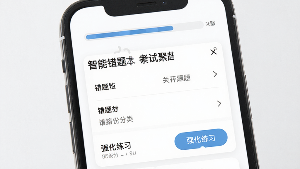 养老护理员考试聚题库智能错题本界面,手机屏幕显示错题分类列表和强化练习按钮,背景为白色卡片式布局,顶部有进度条,风格清新简洁,细节圆润,画质干净