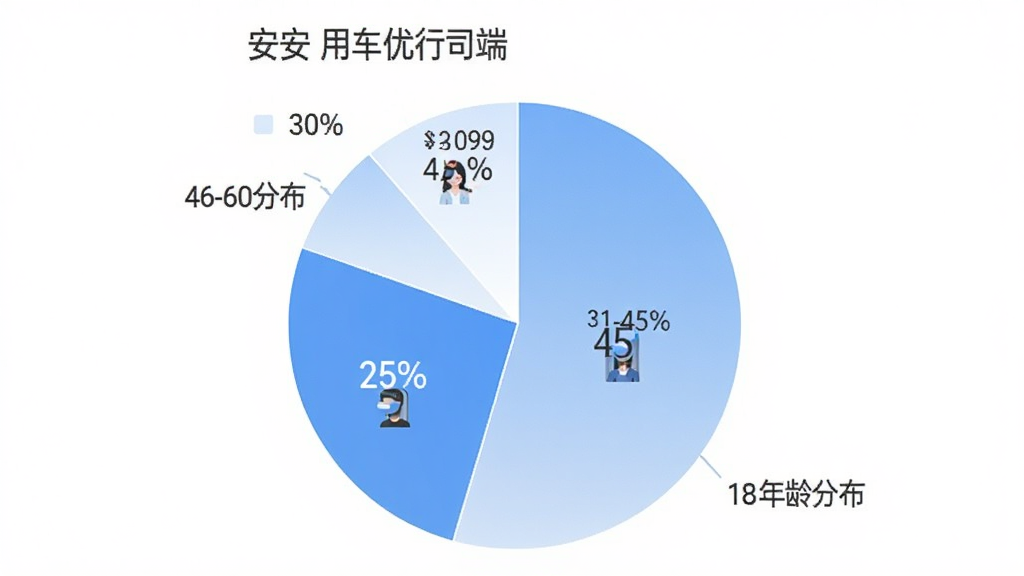 一张饼状图展示安安用车优行司机端用户年龄分布,18-30岁占比25%,31-45岁占比45%,46-60岁占比30%,图表配色采用蓝白渐变,每个扇形区域标注清晰百分比数字,背景干净简洁,无多余装饰元素