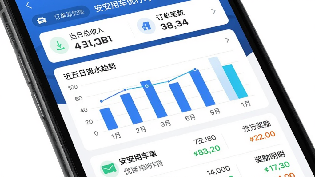 手机屏幕展示安安用车优行司机端的收入统计页面,顶部显示当日总收入和订单笔数,中间是柱状图展示近七日流水趋势,底部列表详细列出每笔订单的金额和奖励明细,界面带有“安安用车优行司机端”字样,风格现代扁平,文字清晰,画质干净无多余元素