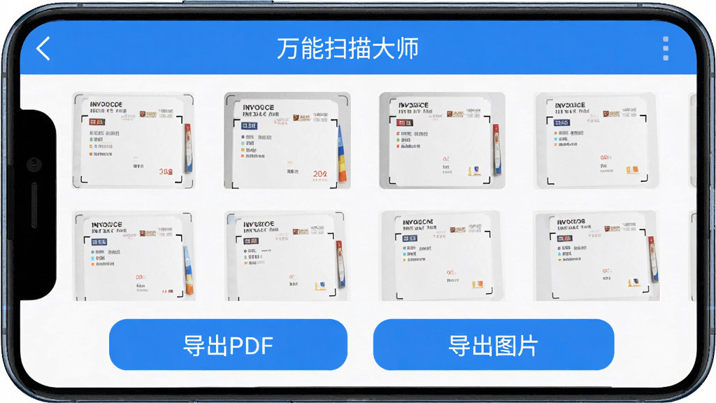 手机屏幕显示“万能扫描大师”的导出界面,屏幕上排列着多张已经扫描好的发票缩略图,下方有“导出PDF”和“导出图片”两个大按钮,界面设计简洁明了,以蓝色和白色为主色调,画质清晰,无多余元素