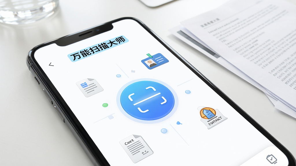 一张手机屏幕的特写图,屏幕上显示着“万能扫描大师”的APP界面,界面中间是一个醒目的扫描按钮,周围环绕着文档、身份证、合同等图标,背景是干净的书桌,书桌上放着几份纸质文件,光线明亮柔和,整体风格现代简洁,画质清晰干净,无多余元素