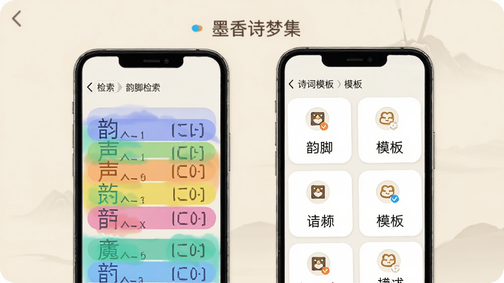 墨香诗梦集功能展示图,画面主体为手机屏幕,屏幕内显示韵脚检索界面和诗词模板选择界面,左侧韵脚列表按声调用不同颜色标注,右侧模板卡片整齐排列,背景为淡雅米黄色,风格简洁现代,细节包含圆角图标和清晰文字标签,画质干净无多余元素