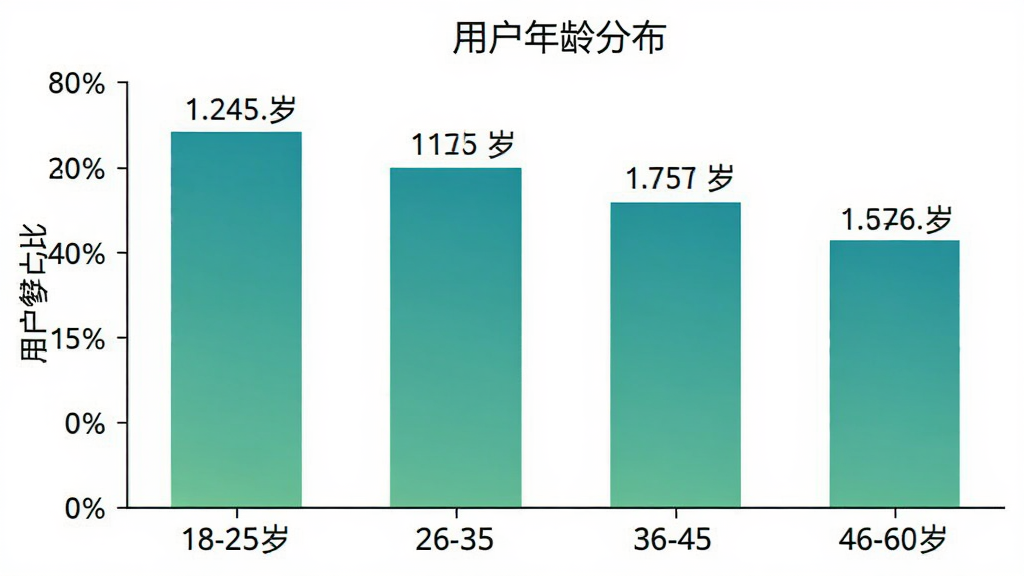 墨香诗梦集用户年龄分布柱状图,横轴为年龄段18-25岁、26-35岁、36-45岁、46-60岁,纵轴为用户占比百分比,柱状颜色为渐变青绿色,图表标题为