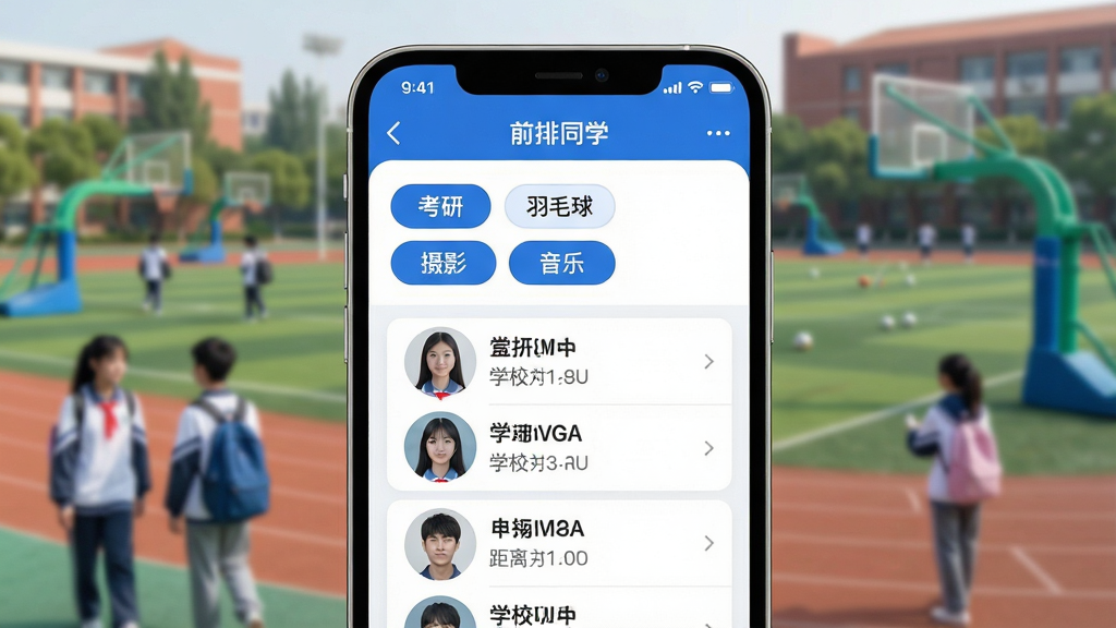 一张展示“前排同学”App精准找人功能的AI生图,画面主体是手机屏幕特写,屏幕里显示“前排同学”的筛选界面,上面有“考研”、“羽毛球”、“摄影”、“音乐”等兴趣标签按钮,下方是匹配到的用户头像列表,每个头像旁有学校名称和距离,手机背景是模糊的校园操场,风格简洁现代,蓝白色调,界面元素清晰,画质细腻,无杂乱信息。
