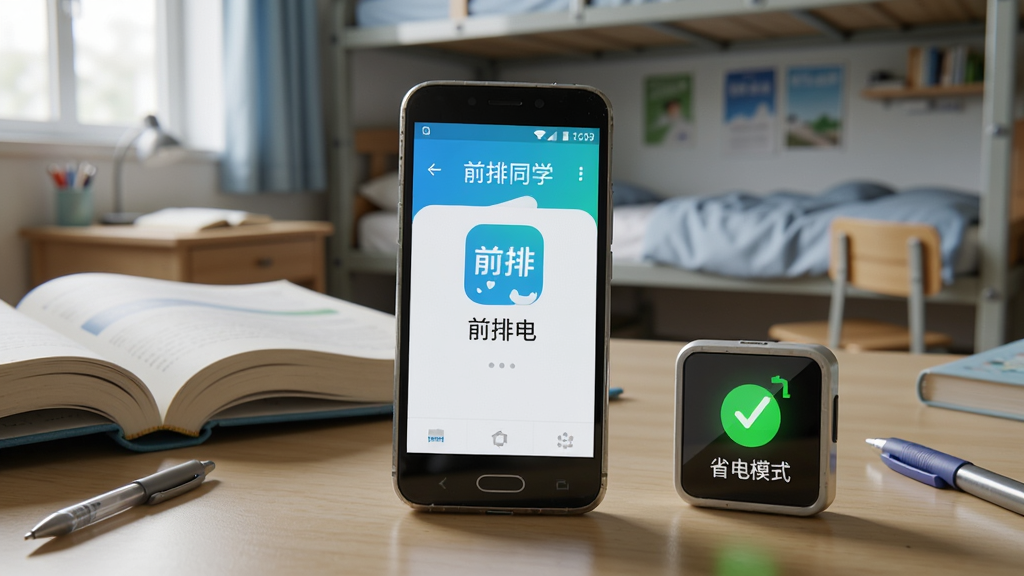 一张展示“前排同学”App轻量省电特性的AI生图,画面是一部旧款安卓手机放在桌面上,屏幕亮着显示“前排同学”的界面,旁边放着一个电量图标显示“省电模式”开启,手机周围有书本和笔,背景是模糊的宿舍床铺,风格写实,光线自然,画质清晰,突出手机和屏幕内容,无多余装饰。