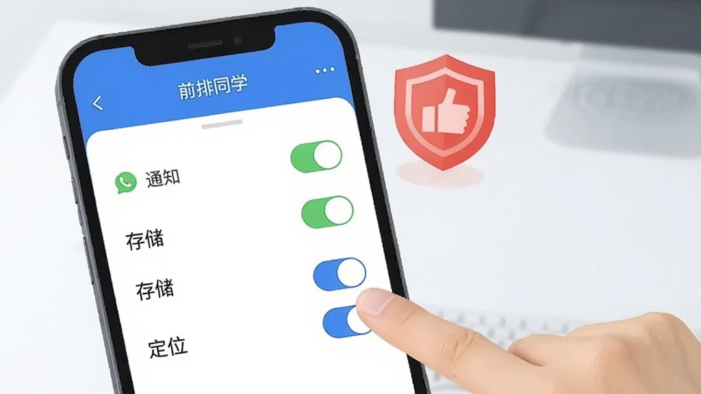 一张展示“前排同学”新手安装设置的AI生图,画面是一个手机屏幕显示“前排同学”的权限设置页面,上面有通知、存储、定位三个权限开关,其中一个开关被手指点开,屏幕旁边有一个红色的盾牌图标表示安全提示,背景是干净的桌面,风格扁平化,蓝白色调,界面文字清晰,画质干净,无多余元素。