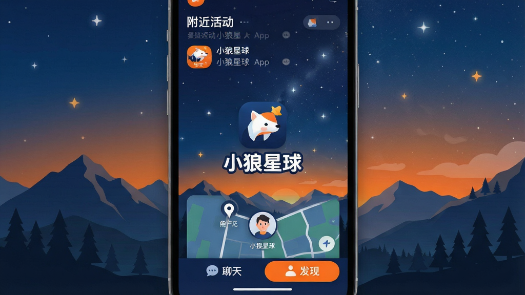 一张展示“小狼星球”App核心界面的手机屏幕截图,画面中央是“小狼星球”的Logo和名称,背景是户外山野和星空的融合场景。界面布局简洁,顶部显示附近活动列表,中间是地图定位和用户头像,底部是聊天和发现选项卡。风格现代扁平化,色彩以深蓝和亮橙为主,细节圆润,画质干净清晰,无多余元素,图片中带有“小狼星球”文字。