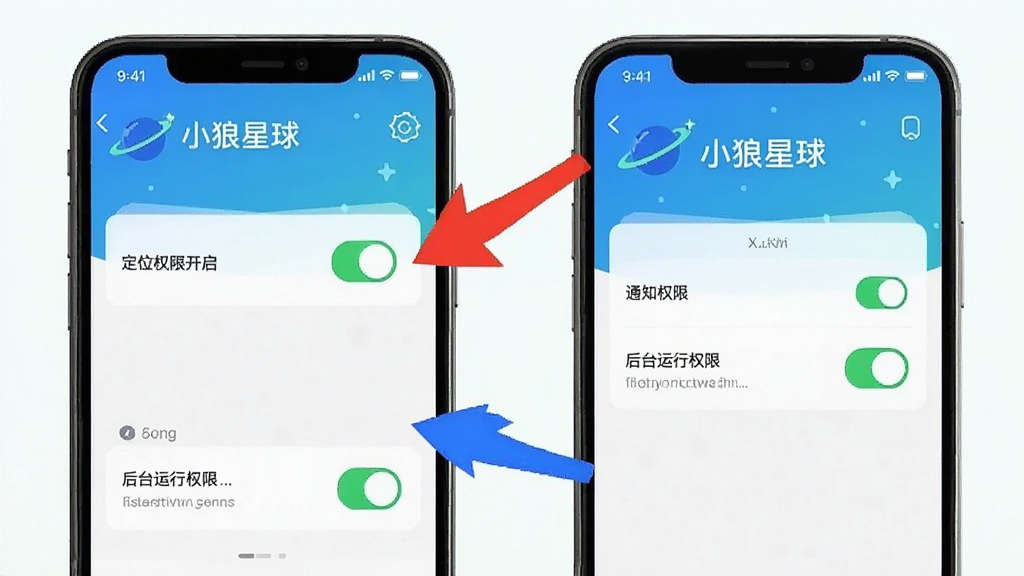 一张展示“小狼星球”App权限设置和操作指引的手机截图,画面中显示定位权限开启、通知权限开启、后台运行权限开启的界面,旁边有红色和蓝色的标注箭头。背景是浅色,风格简洁清晰,色彩以蓝色和绿色为主,画质干净,无多余元素,图片中带有“小狼星球”文字。