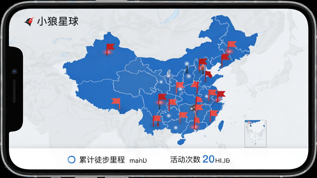 一张展示“小狼星球”App个人足迹地图界面的手机截图,画面中显示一张中国地图,上面有多个用小红旗标记的足迹点,地图下方显示累计徒步里程和活动次数。背景是浅灰色,风格简洁现代,色彩以红色和蓝色为主,画质干净,无多余元素,图片中带有“小狼星球”文字。