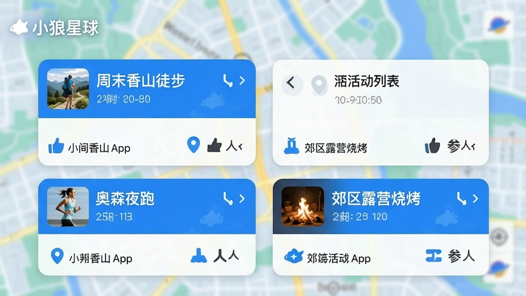 一张展示“小狼星球”App附近活动列表界面的手机截图,画面中显示多个活动卡片,包括“周末香山徒步”、“奥森夜跑”、“郊区露营烧烤”,每个卡片上有时间、地点和参与人数图标。背景是模糊的城市地图,风格简洁明快,色彩以蓝色和白色为主,画质干净,无多余元素,图片中带有“小狼星球”文字。
