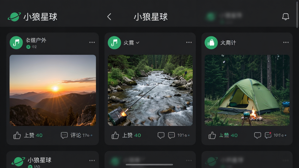 一张展示“小狼星球”App兴趣圈子动态页面的手机截图,画面中显示用户发布的户外照片动态,包括山顶日出、溪流钓鱼和露营帐篷,每条动态下方有点赞和评论图标。背景是深色模式,风格现代扁平,色彩以深灰和亮绿为主,细节清晰,画质干净,无多余元素,图片中带有“小狼星球”文字。