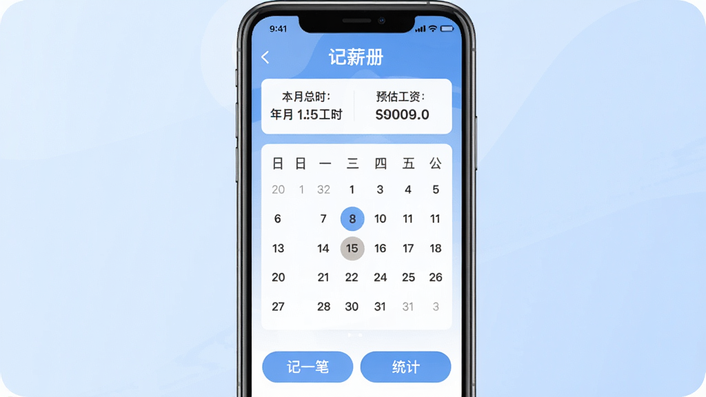 手机屏幕中央展示“记薪册”App主界面,顶部显示本月总工时和预估工资,中间是日历打卡视图,底部有记一笔和统计按钮,背景是柔和浅蓝色渐变,界面干净无广告,扁平化设计风格,文字清晰,画质高清,无多余元素