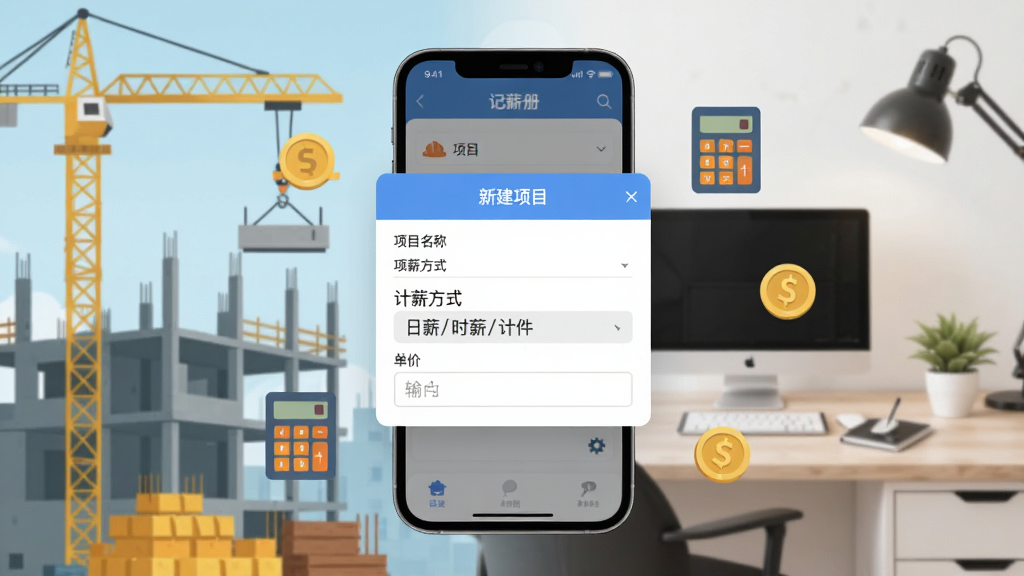 记薪册App内页展示“新建项目”弹窗,包含项目名称、计薪方式(日薪/时薪/计件)、单价输入框,背景是工地和办公桌的融合场景,手机屏幕悬浮在画面中央,周围有金币和计算器的小图标点缀,风格现代扁平,画质清晰