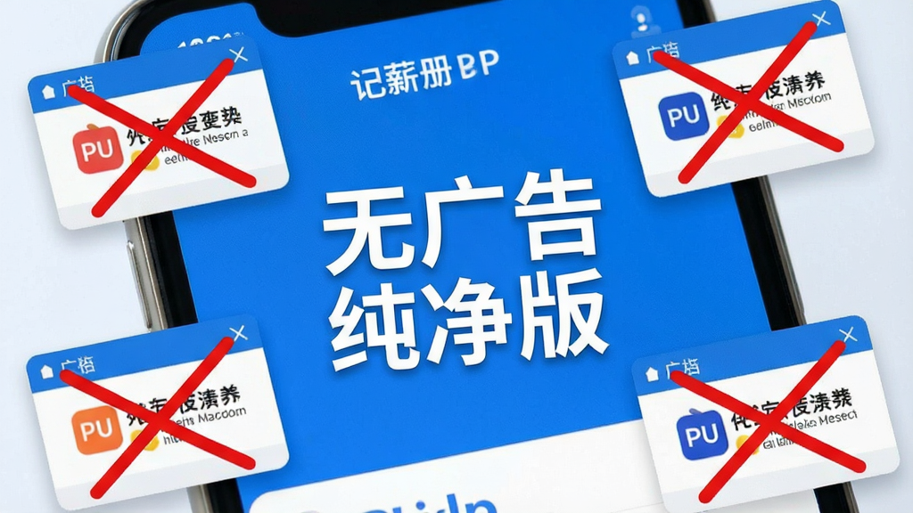 记薪册App界面特写,屏幕显示“无广告 纯净版”字样,周围环绕着被划掉的广告弹窗图标,风格简洁明快,蓝白主色调,画质高清,无多余元素