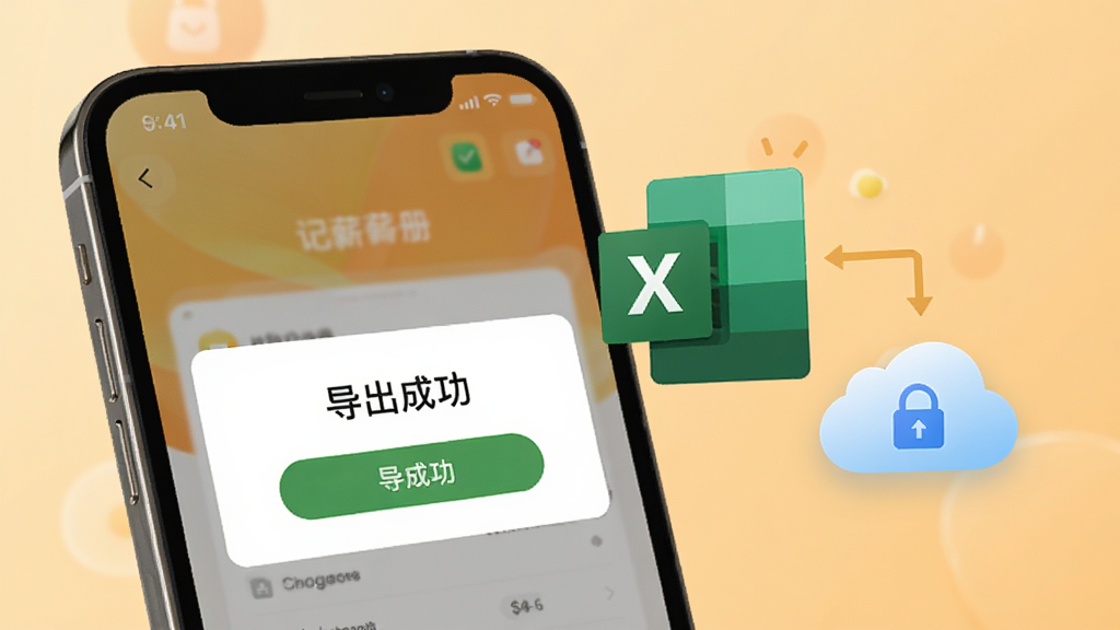记薪册App数据导出界面,手机屏幕显示“导出成功”提示框,旁边漂浮着一个Excel表格图标和一朵云同步图标,背景是柔和的暖色调,寓意数据安全,画质细腻无噪点